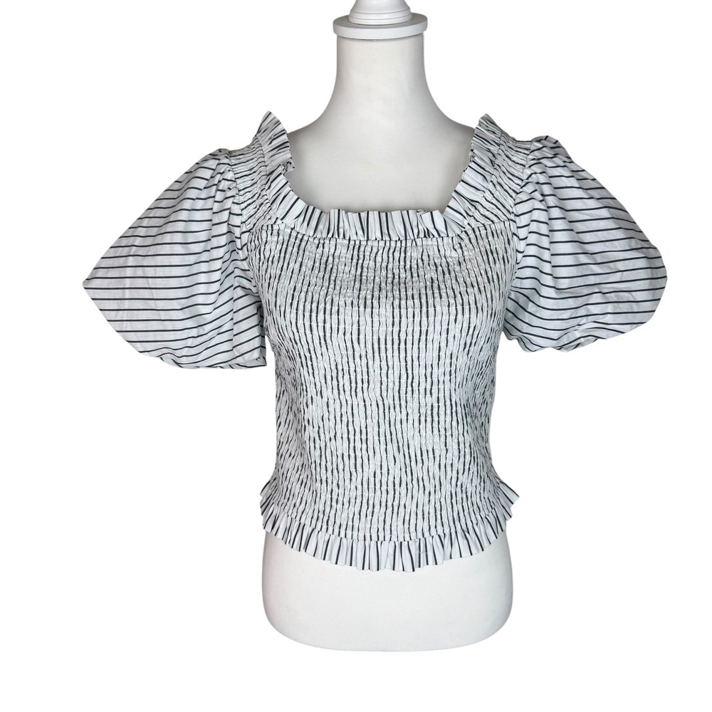 DO+BE White Black Striped Smocked Puff Sleeve Top Square Neck Cotton Blouse L